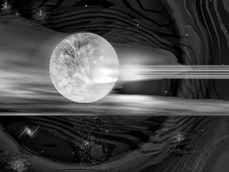 Into another dimension, black and white, worm hole, planet, cg, HD wallpaper