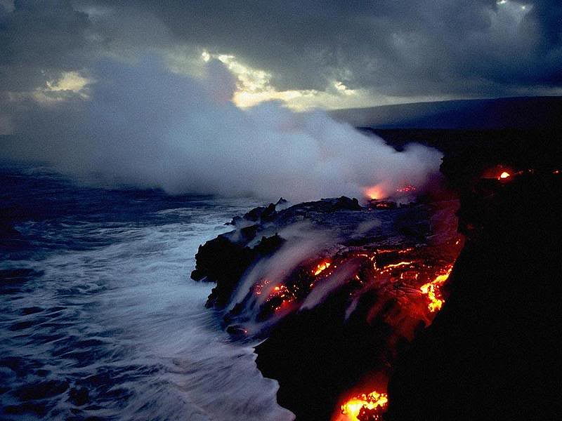 Lava Flowing into the Ocean, lava, water, volcano, ocean, HD wallpaper