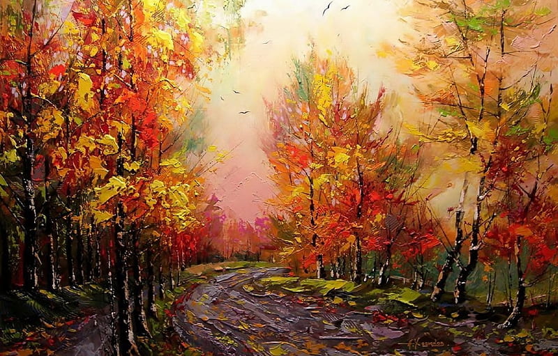 road, autumn, landscape, Park, , morning, painting, red, clear day, Khodukov, spatula for , section живопись, Autumn Drawing, HD wallpaper