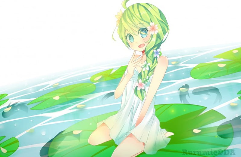 Lady of The Lily Pads, pretty, fish, water, girl, lily pads, anime, flowers, white dress, green hair, HD wallpaper