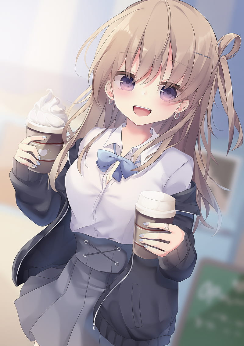 Anime school girl, smiling, coffee, ice cream, Anime, HD phone wallpaper |  Peakpx
