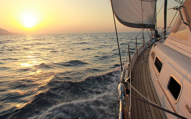 seascape, deck, luxury yacht, evening, sunset, sailboat, HD wallpaper