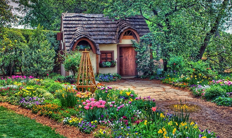 Magical And Lovely Cottage, lovely, fairy tale, grass, cottage, colors, bonito, magic, spring, trees, plants, flowers, garden, HD wallpaper