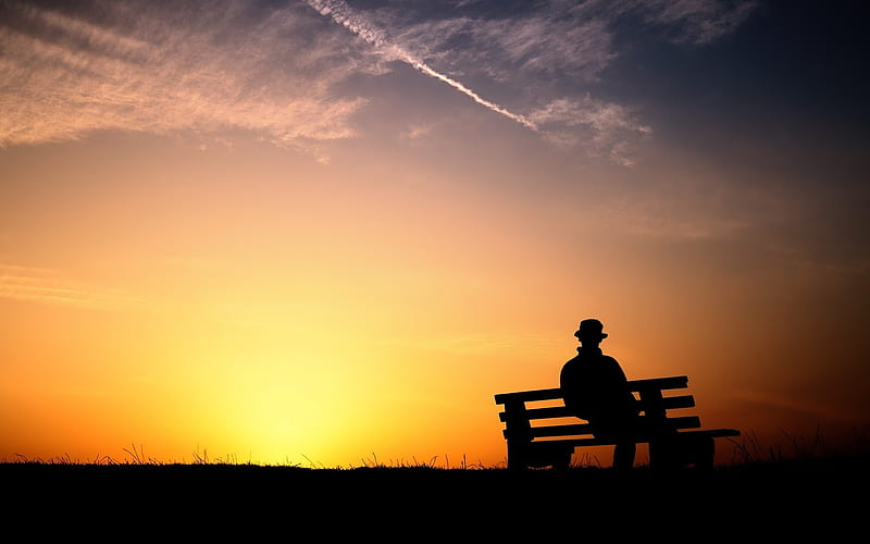person silhouette bench evening-, HD wallpaper