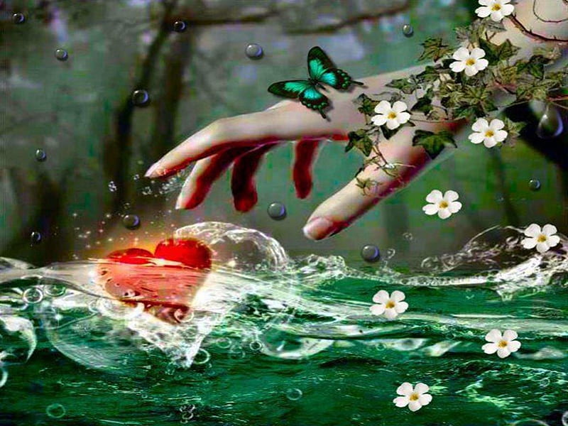 Take my heart, reach, white flowers, romance, valentine, abstract, lake, happy, 3d, butterfly, love, heart, hand, HD wallpaper