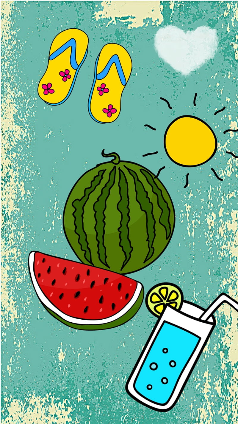 Watermelon Party, cartoon, cocktail, flip flops, sky, summer, sun, theme, HD phone wallpaper