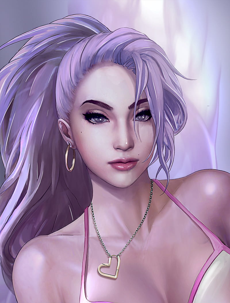 face, portrait, artwork, women, purple hair, long hair, necklace, makeup, lipstick, HD phone wallpaper