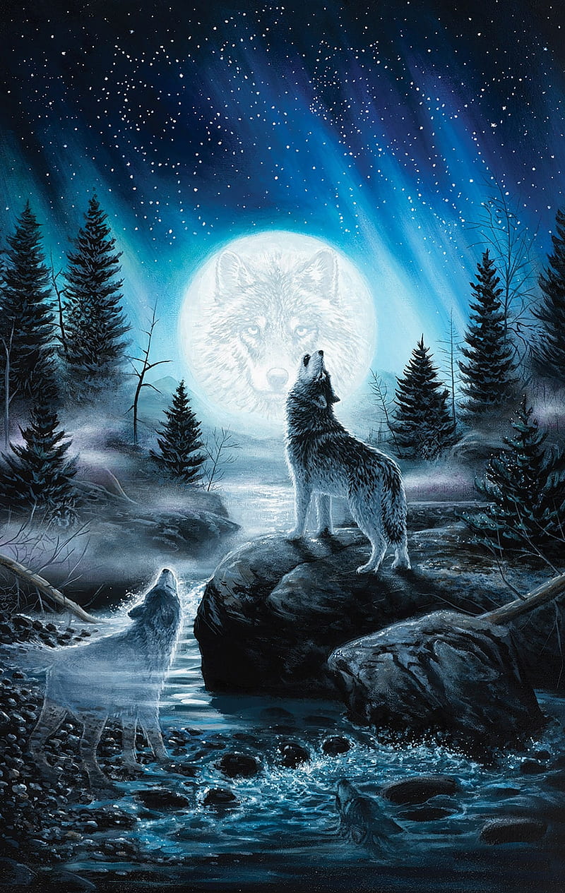 Wolves, moon, wolf, HD phone wallpaper