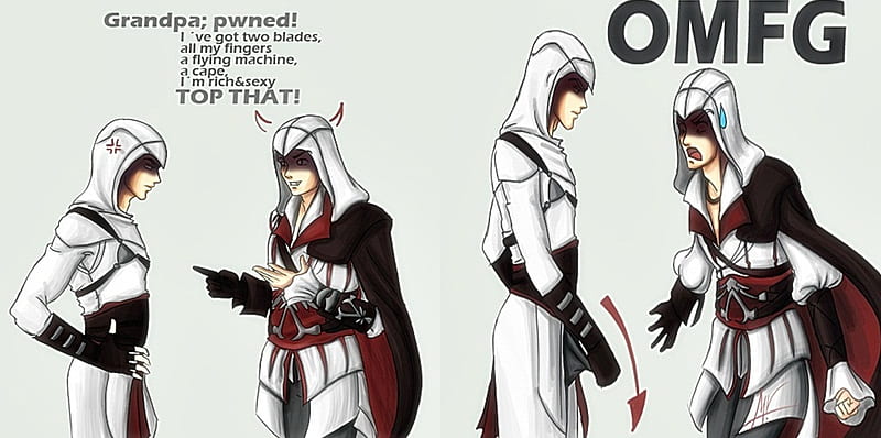 Assassin's Creed: Don't be rude to grandpa, assassins creed, naughty, altair, rude, ezio, funny, HD wallpaper