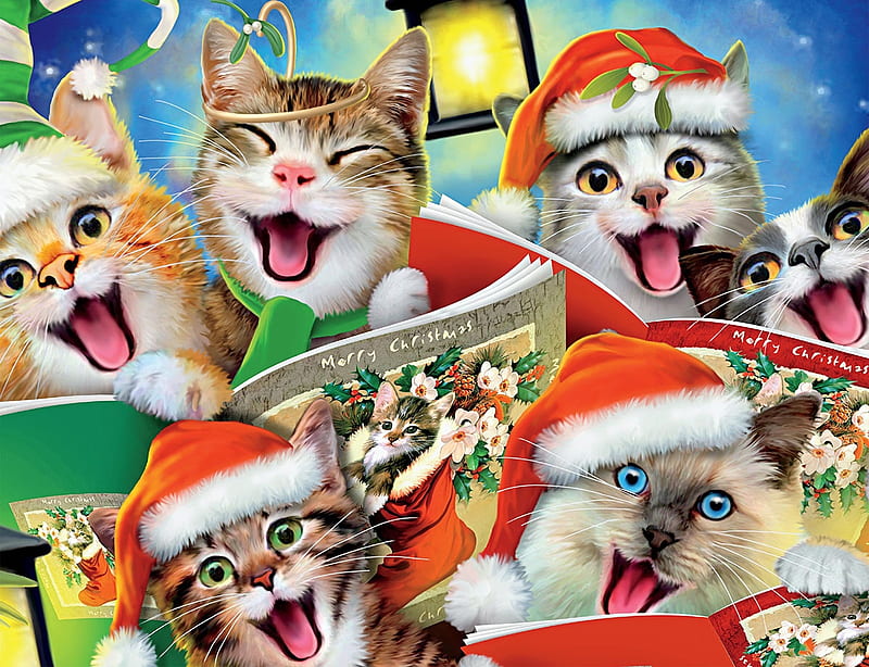 Christmas selfie, christmas, craciun, funny, selfie, pisici, cat, carolers, HD wallpaper