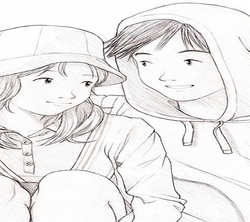 Cute Sketch Couple, boy, couple, cute, drawing, girl, in love, love, new, pencil, sketch, HD wallpaper