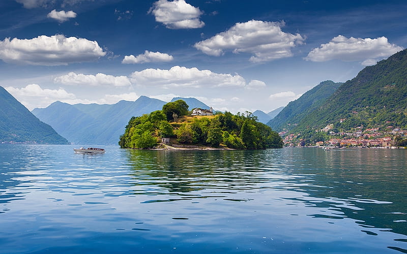 Isola Comacina, Lake Como, Italy, water, mountains, trees, clouds, sky, HD wallpaper