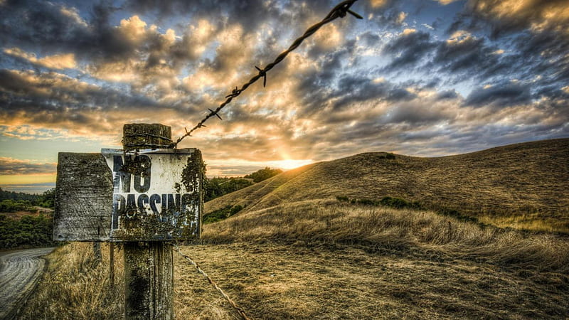 sunset over private land r, fence, hills, sign, r, sunset, clouds, HD wallpaper