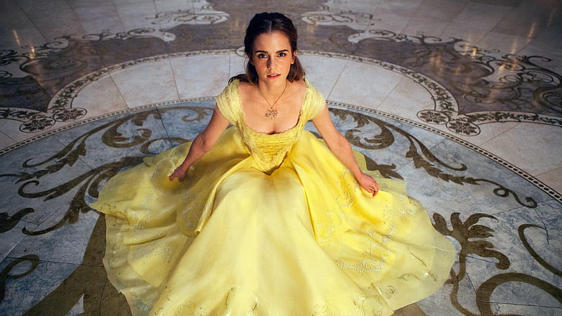 Beauty and the Beast (2017), dress, beauty and the beast, movie, belle, yellow, Emma Watson, fantasy, girl, actress, disney, HD wallpaper