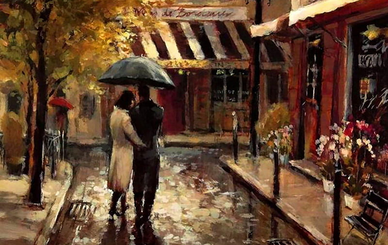 Romantic Stroll 2, art, romance, cityscape, artwork, painting, wide screen, rain, scenery, couple, stroll, HD wallpaper