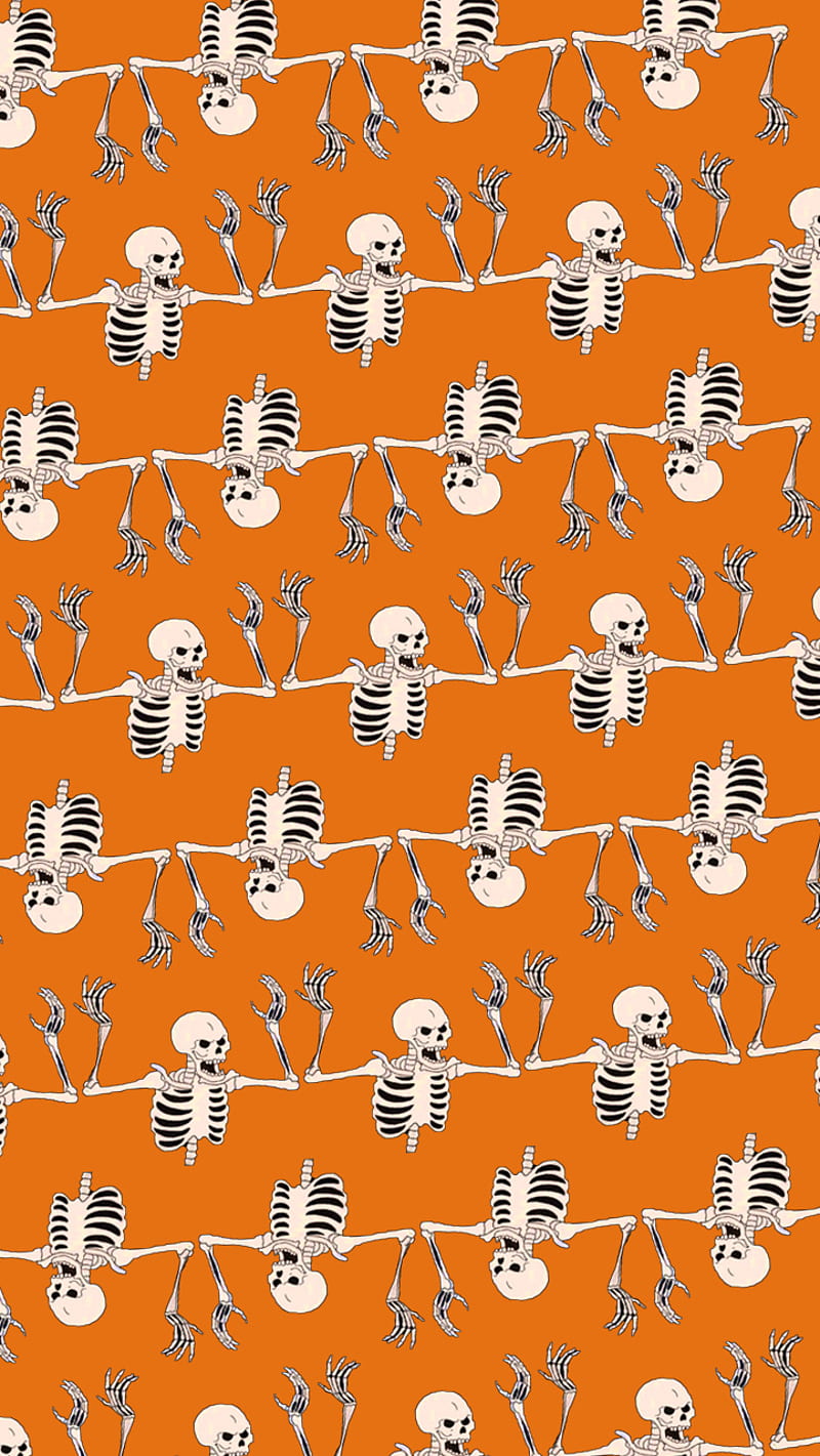 Skeletons background, desenho, fall, halloween, illustration, october, orange, scary, spooky, HD phone wallpaper