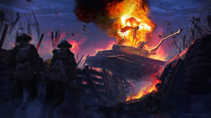 superhero, red scarf, explosion, battle field, tank, trenches, Fantasy, HD wallpaper