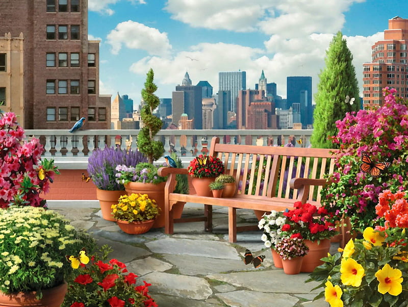 Rest place, pretty, colorful, bonito, clouds, nice, city, flowers, rest, lovely, view, high, relax, place, bench, spring, sky, skyscrapers, summer, garden, HD wallpaper