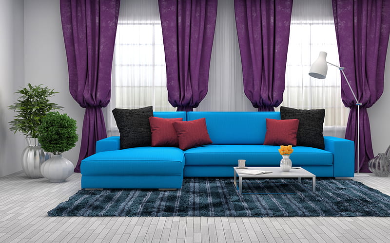 modern interior, living room, blue sofa, purple curtains, stylish interior, project, HD wallpaper