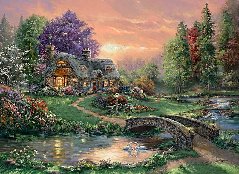 Sweetheart Retreat, cottage, bridge, painting, river, trees, clouds, sky, artwork, HD wallpaper