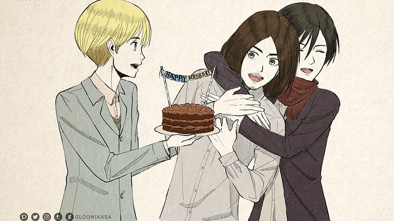 Attack On Titan Armin Arlert Eren Yeager Mikasa Ackerman With Birtay Cake Anime, HD wallpaper