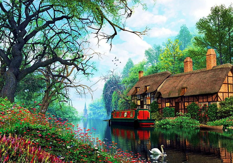 Canal Cottage, water, ship, painting, nature, houseboat, trees, swan, HD wallpaper
