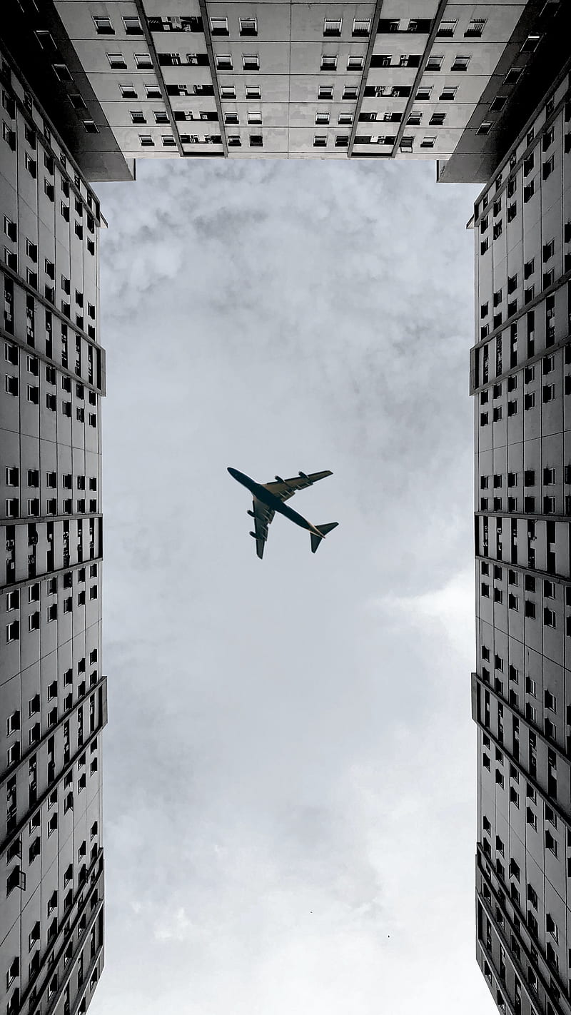 plane, clouds, buildings, bottom view, gray, HD phone wallpaper