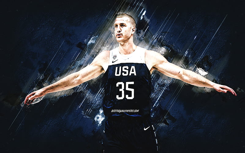 Mason Plumlee, USA national basketball team, USA, American basketball player, portrait, United States Basketball team, blue stone background, HD wallpaper