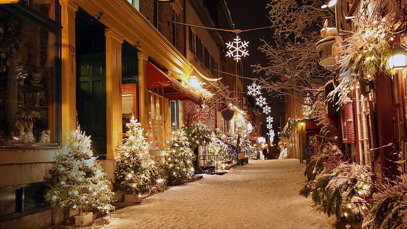 Christmas Decorations, Christmas, holiday, winter, Canada, snow, decorations, Quebec, street, night, HD wallpaper