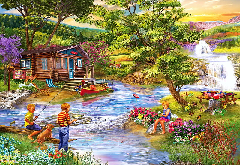 Fishing From the Banks, river, boat, artwork, children, painting, trees, cabin, HD wallpaper