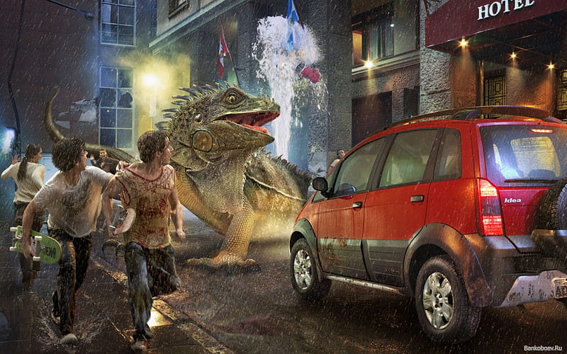 iguana gigante, fantasia, reptiu, humor, anime, HD wallpaper