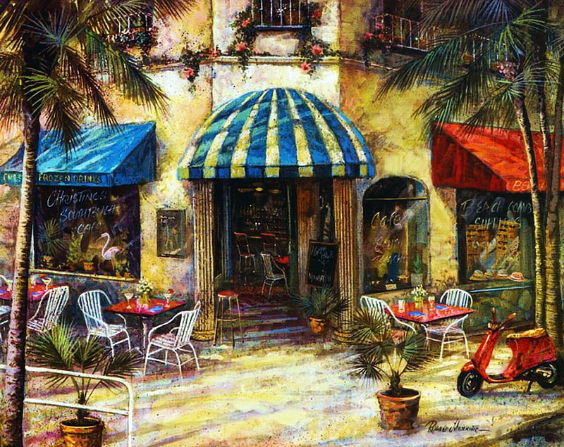 Christine's Cafe, entrance, tables, restaurant, painting, chairs, trees, artwork, motorcycle, HD wallpaper