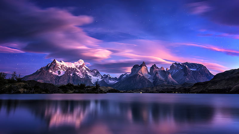 Patagonia Lake, Stars, The sky, Mountains, Evening, HD wallpaper