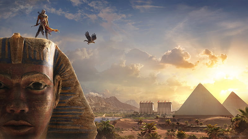 Assassin's Creed Origins, luminos, eagle, game, assassins creed origins, man, fantasy, bird, pyramid, egypt, HD wallpaper