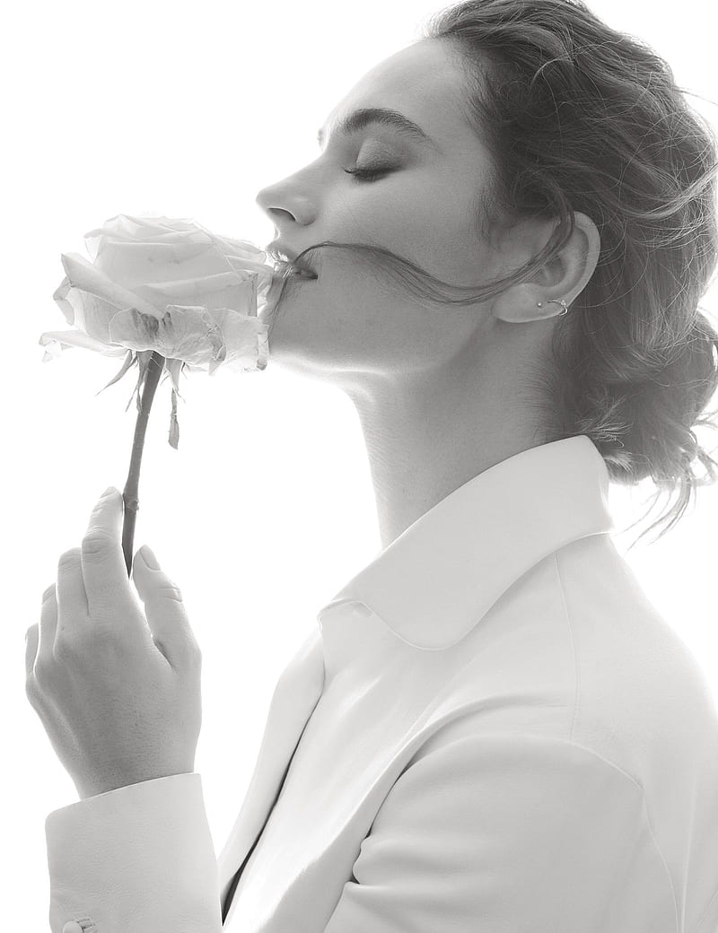 women, model, hairbun, brunette, monochrome, flowers, white flowers, rose, blouse, white blouse, simple background, vertical, white background, closed eyes, open mouth, collar, earring, women indoors, Lily James, HD phone wallpaper