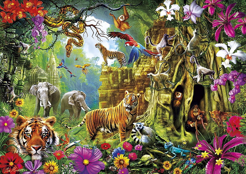 Jungle, luminos, pasare, elephant, tiger, fantasy, bird, summer, flower, tigru, pink, HD wallpaper