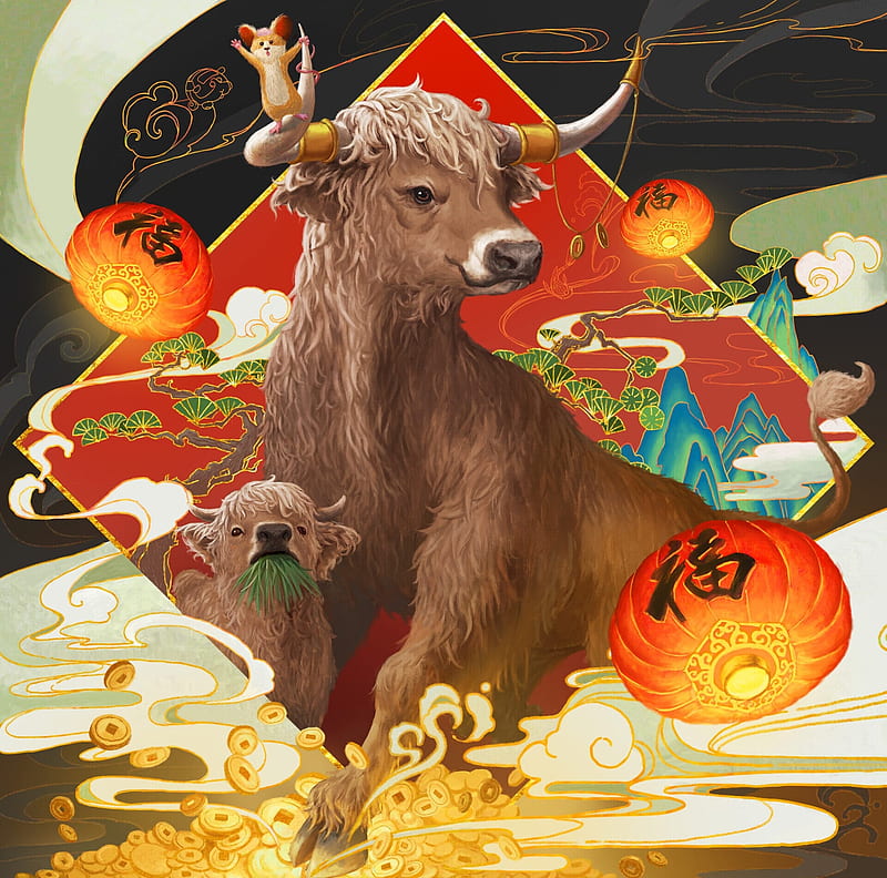 Chinese Zodiac ~ Ox, bruce lui, zodiac, chinese, ox, art, red, cow, lantern, chinese zodiac, luminos, fantasy, HD wallpaper