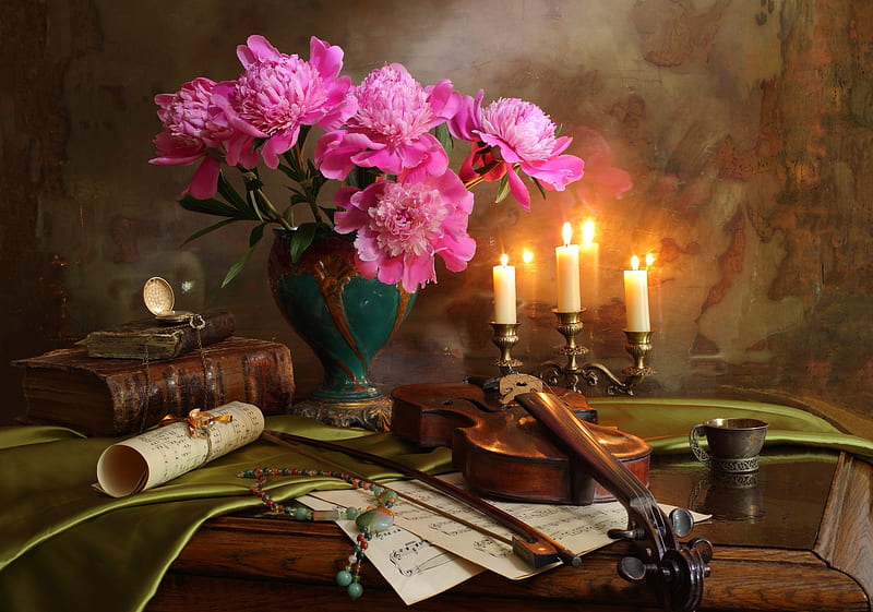 Pirates Study, books, notes, book, bow, peonies, watch, jug, note, flowers, scroll, candle, violin, necklace, lit candles, candle sticks, candles, bouquet, timepiece, HD wallpaper