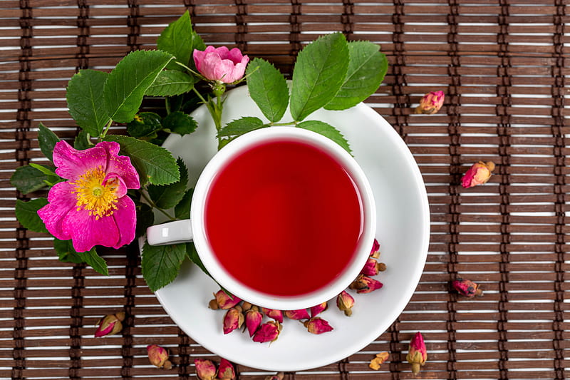 cup, tea, rosehip, flowers, HD wallpaper