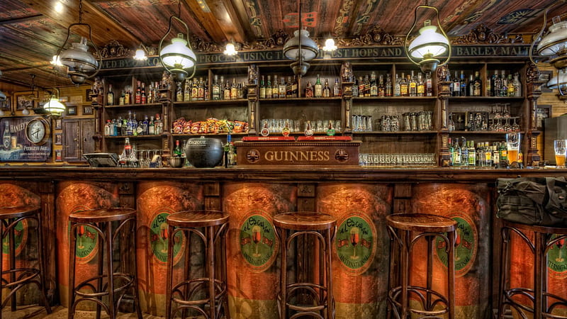 fantastic old fashioned wooden bar r, bar, chairs, r, bottles, wooden, HD wallpaper
