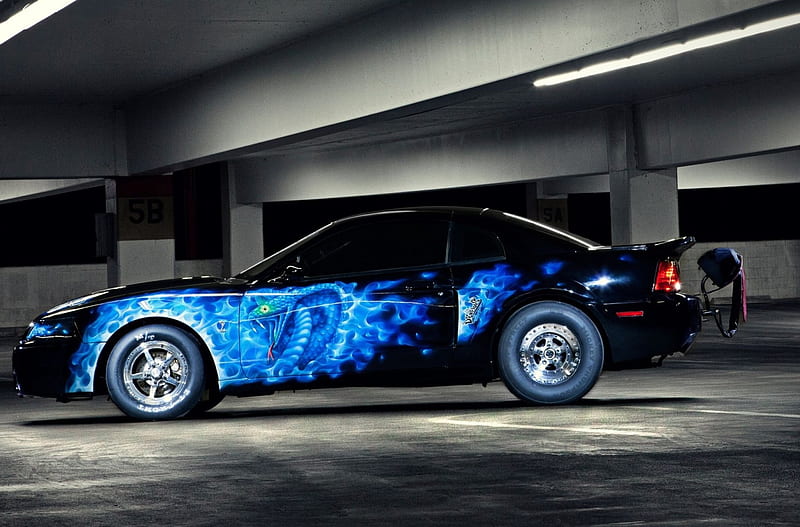 2003-Ford-Mustang-Cobra, Black, Blue Flame, Ford, Slicks, HD wallpaper