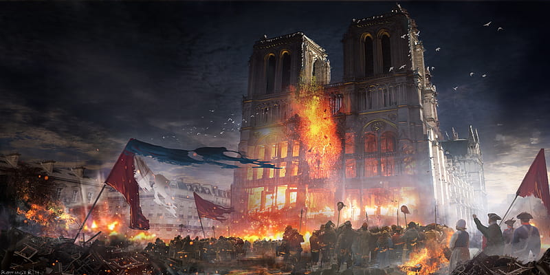 Assassin's Creed Unity, assassns creed, fire, cathedral, fantasy, unity, luminos, game, notre dame, HD wallpaper