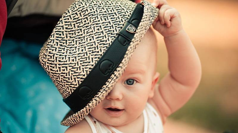 Cute Baby Is Holding Black Sandal Hat On Head In Blur Background Cute, HD wallpaper
