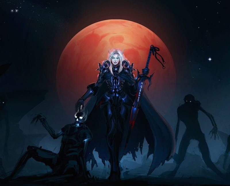 Under A Blood Moon, undead, female, sword, darkelf, HD wallpaper