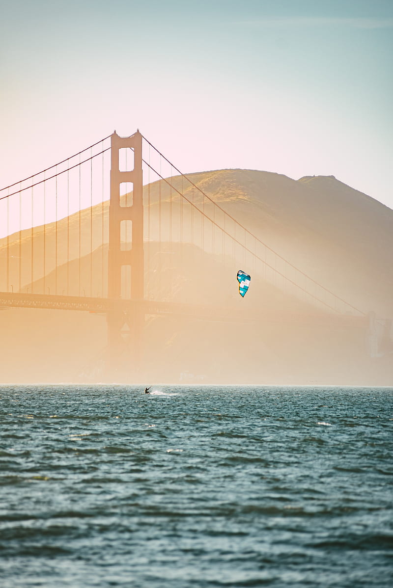 kitesurfing, parachute, water, bridge, fog, HD phone wallpaper