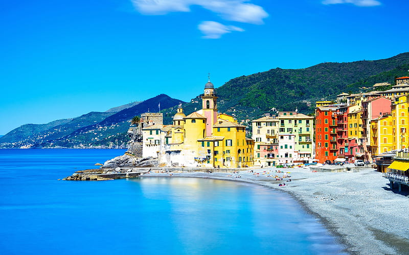 Camogli coast, beach, sea, Liguria, Italy, Europe, HD wallpaper