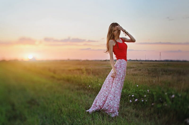 Beauty, female, grass, sunset, sky, woman, girl, nature, lady, field ...