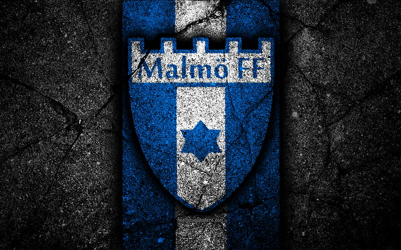 Malmo FC, emblem, Allsvenskan, football, black stone, Sweden, Malmo, logo, asphalt texture, FC Malmo, HD wallpaper