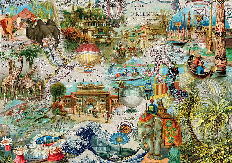 Oriental montage, fantasy, luminos, map, animal, HD wallpaper