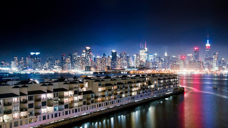 view of nyc at night from weehawken nj, development, city, piers, river, lights, night, HD wallpaper